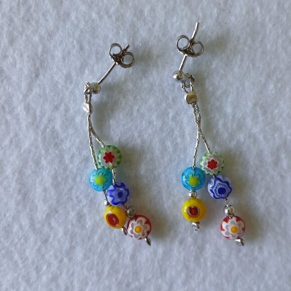 Sterling Silver Millefiori Dangle Drop Earrings Multicolour - Picture 2 of 4